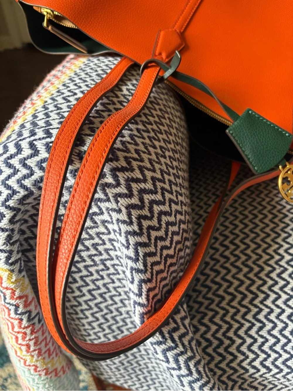 Tory Burch Orange Leather Tote with Green Tag and Gold Logo